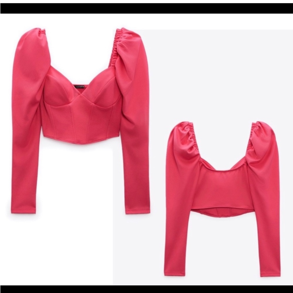 Zara long sleeve crop top puff sleeve sweetheart neckline hot pink